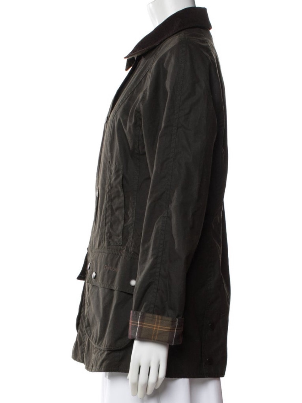 Barbour Olive Green Waxed Utility Jacket with Plaid Cuff